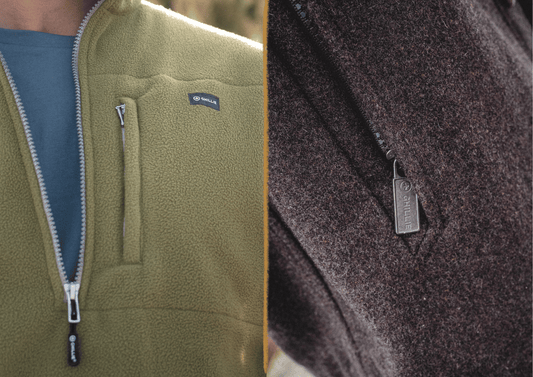 Split image comparing the Kinloch Fleece in green with a dark brown wool midlayer, both showing a zipped chest pocket and Ghillie label.