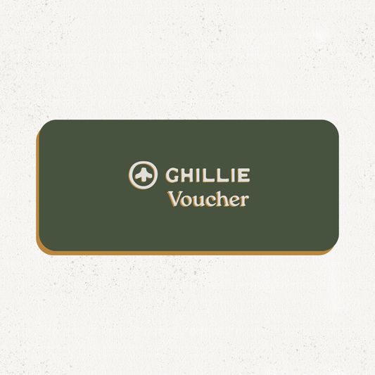 Ghillie Gift Voucher, a rifle green card with the Ghillie logo and the word Voucher, on a plain off-white background.