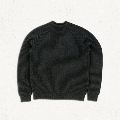Tarbert Fisherman's Jumper in Slate, flat lay of the back showing the ribbed panel and raglan sleeves.
