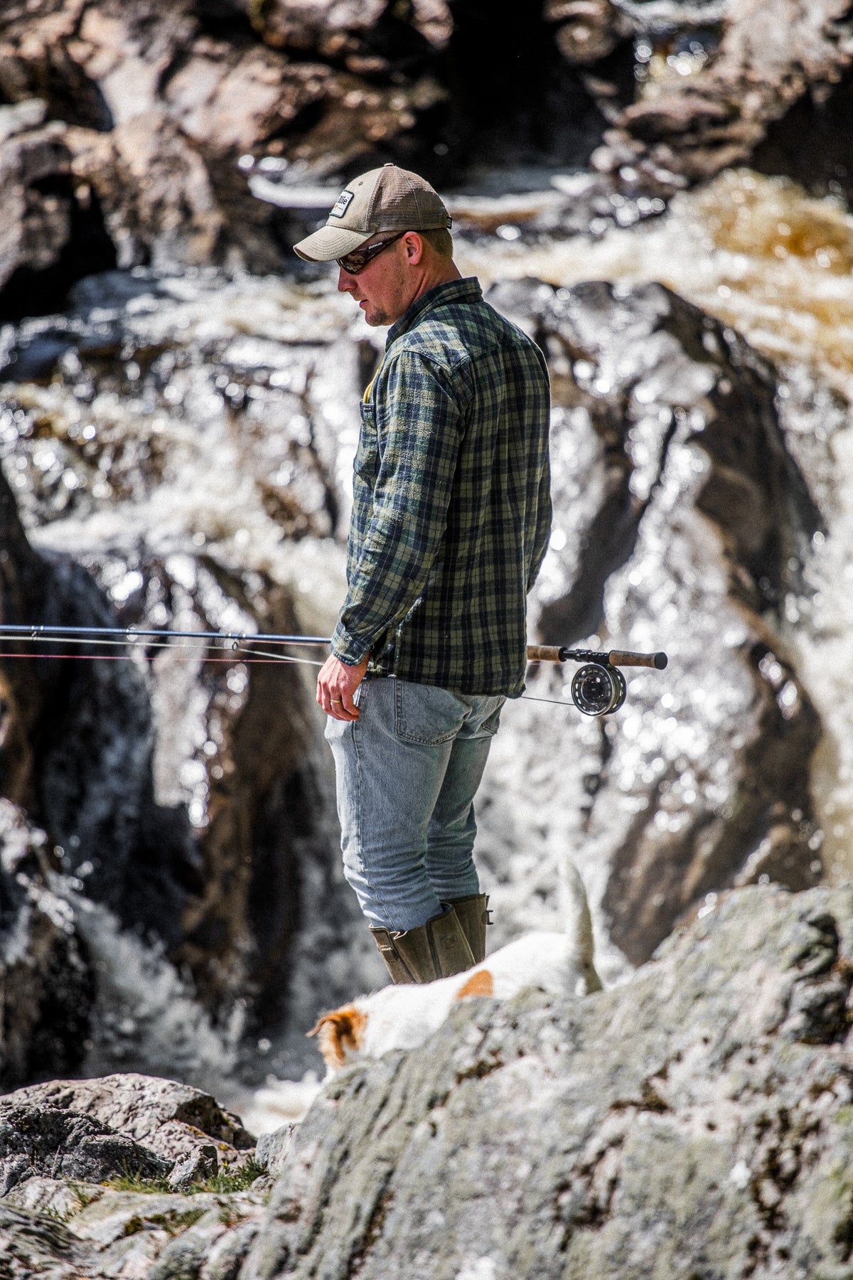 Brae Flannel Shirt in Rifle, worn fishing from the rocks above a white water run.
