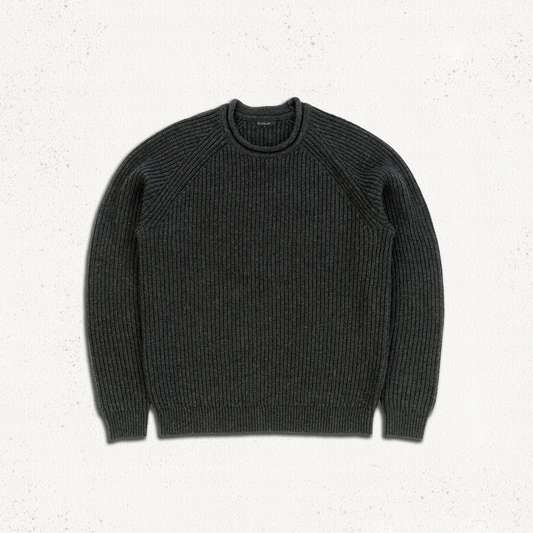 Tarbert Fisherman's Jumper in Slate, flat lay of the front showing the ribbed body and raglan sleeves.