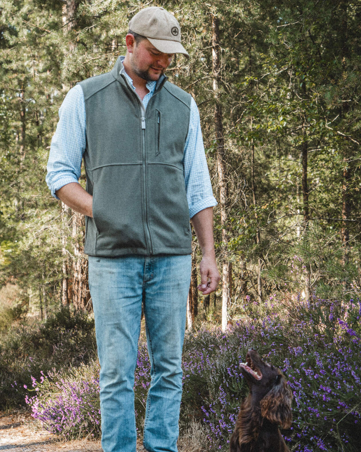 Torr Wool Gilet in Heather Green, worn on a forest track with a spaniel.
